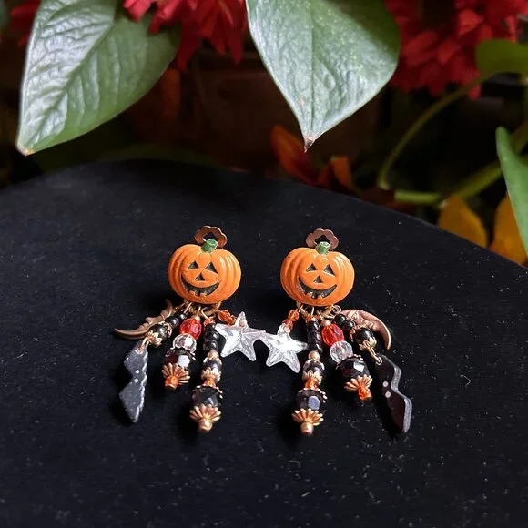 Enamel Jack-O-Lantern Halloween Dangle Earrings - Picture 3 of 5